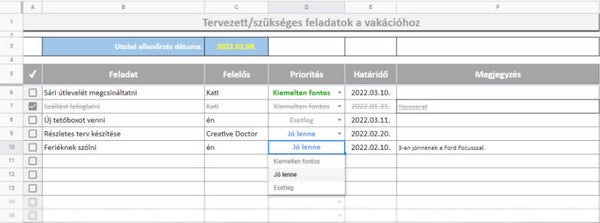 Vakációszervezés („Holiday planing - ToDo List”) interaktív táblázat