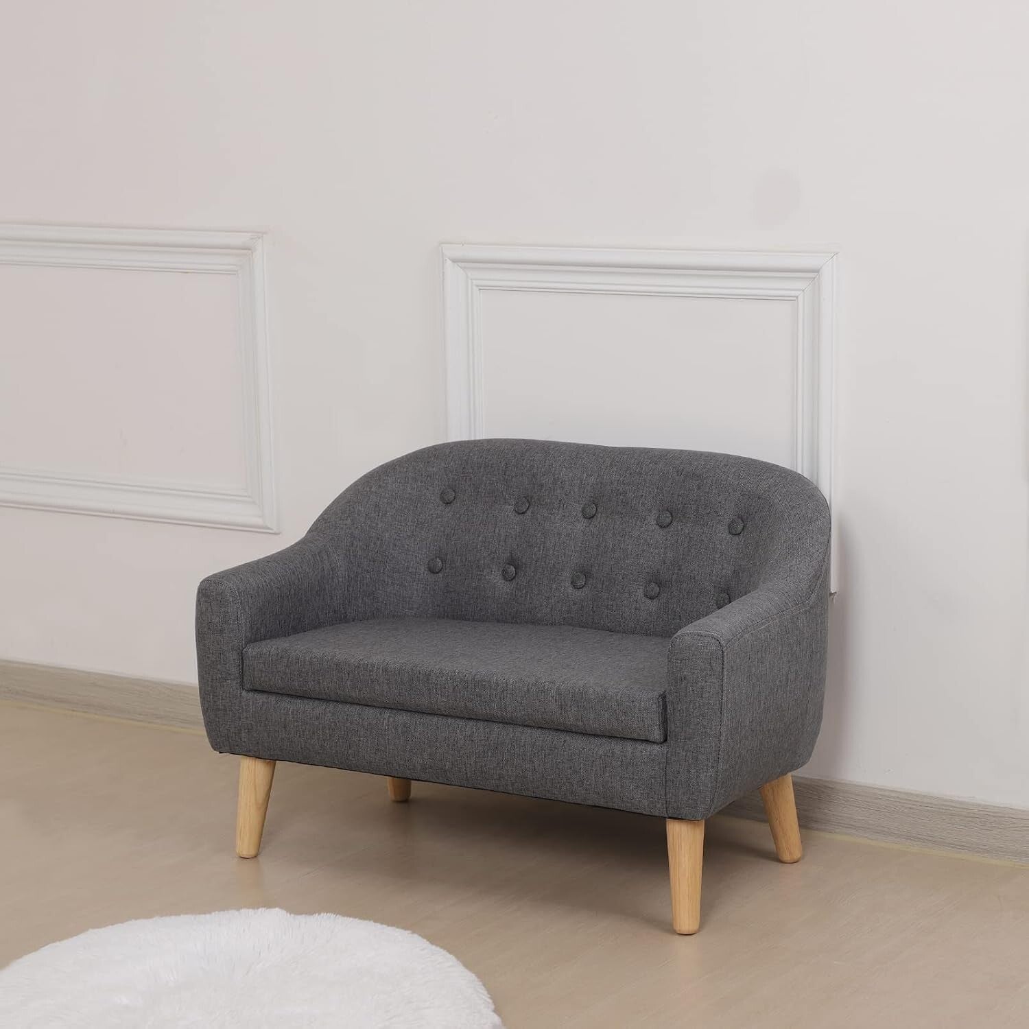 Linen Fabric Children Sofa Chair,2 Seater Wooden Kids Couch,Toddler Sofa Chair for Kids(Grey)