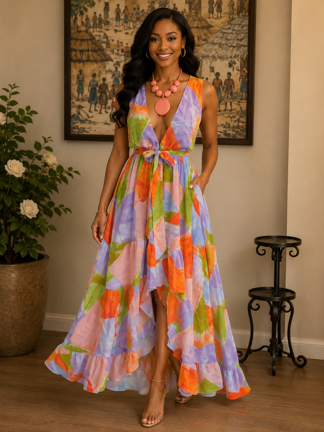 Tropical Watercolor High-Low Maxi Dress