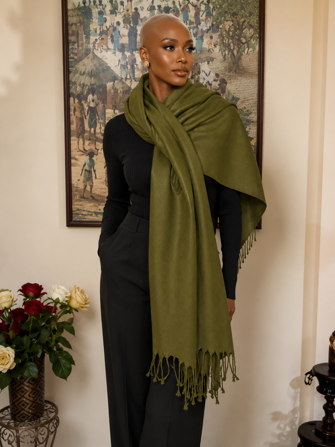 Olive Green Fringe Pashmina Scarf