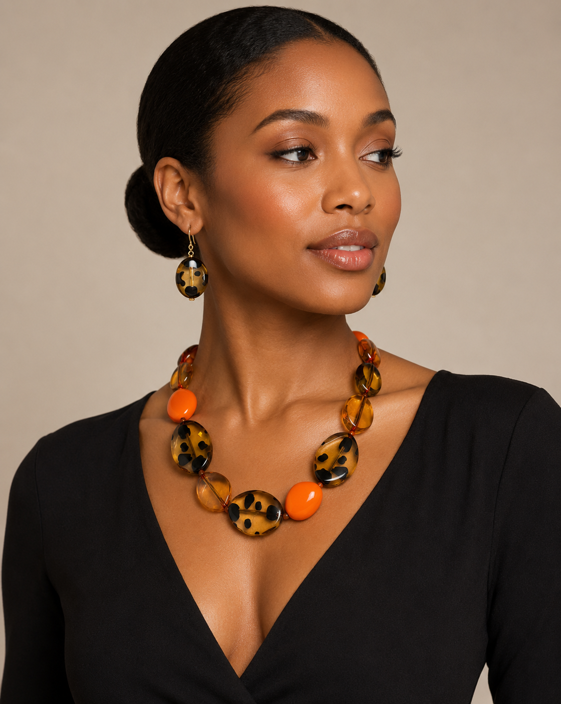 Orange and Leopard Necklace with Earrings Set