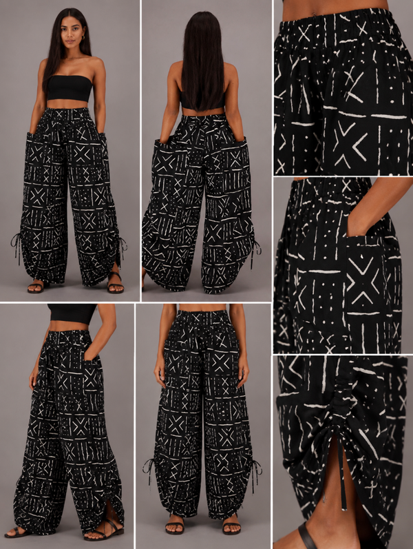 Palazzo Mud Cloth Pants w Headwrap