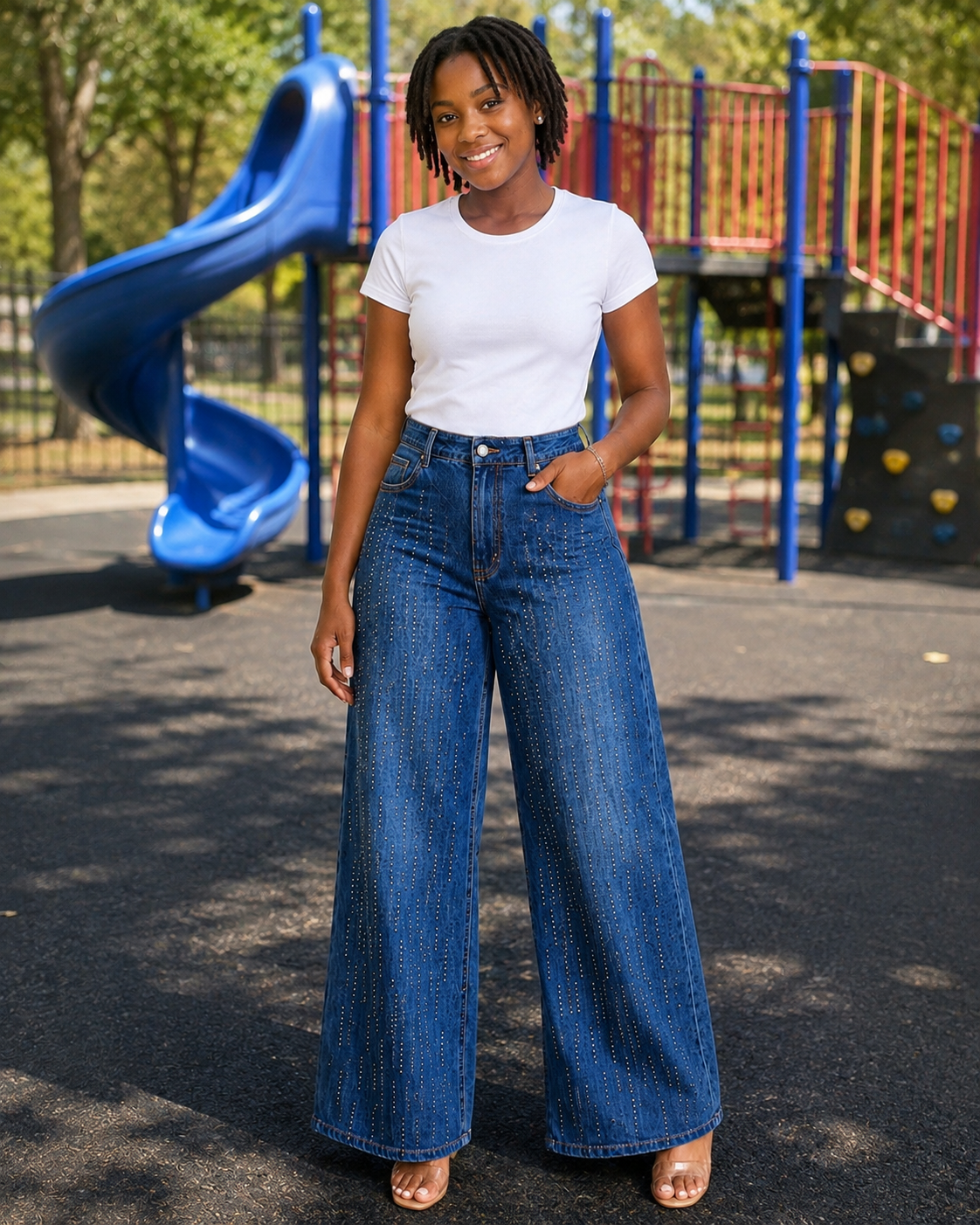 Dark Wash Indigo Rhinestone Wide-Leg Jeans