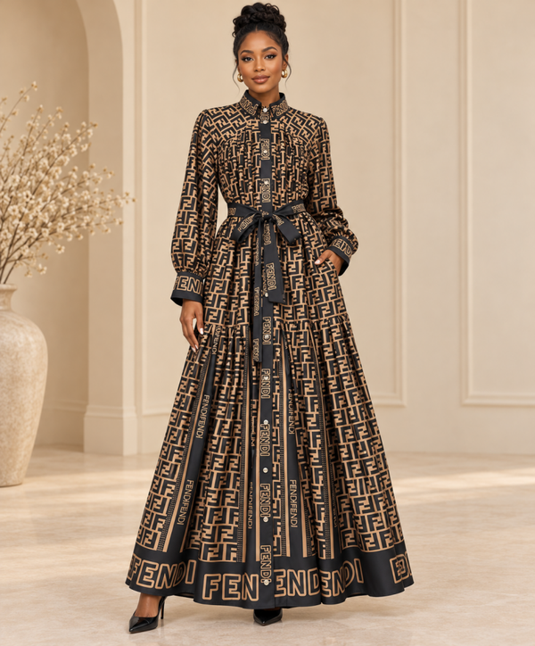 Black & Tan Geometric Belted Maxi Dress