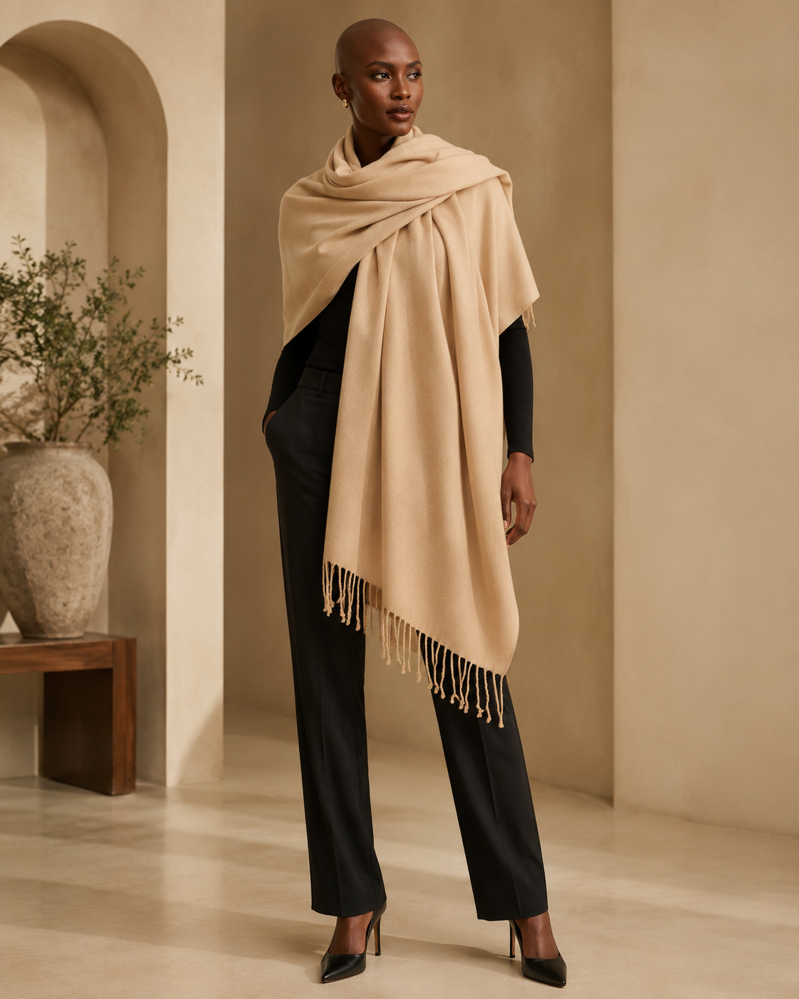 Beige Fringe Pashmina Shawl Wrap