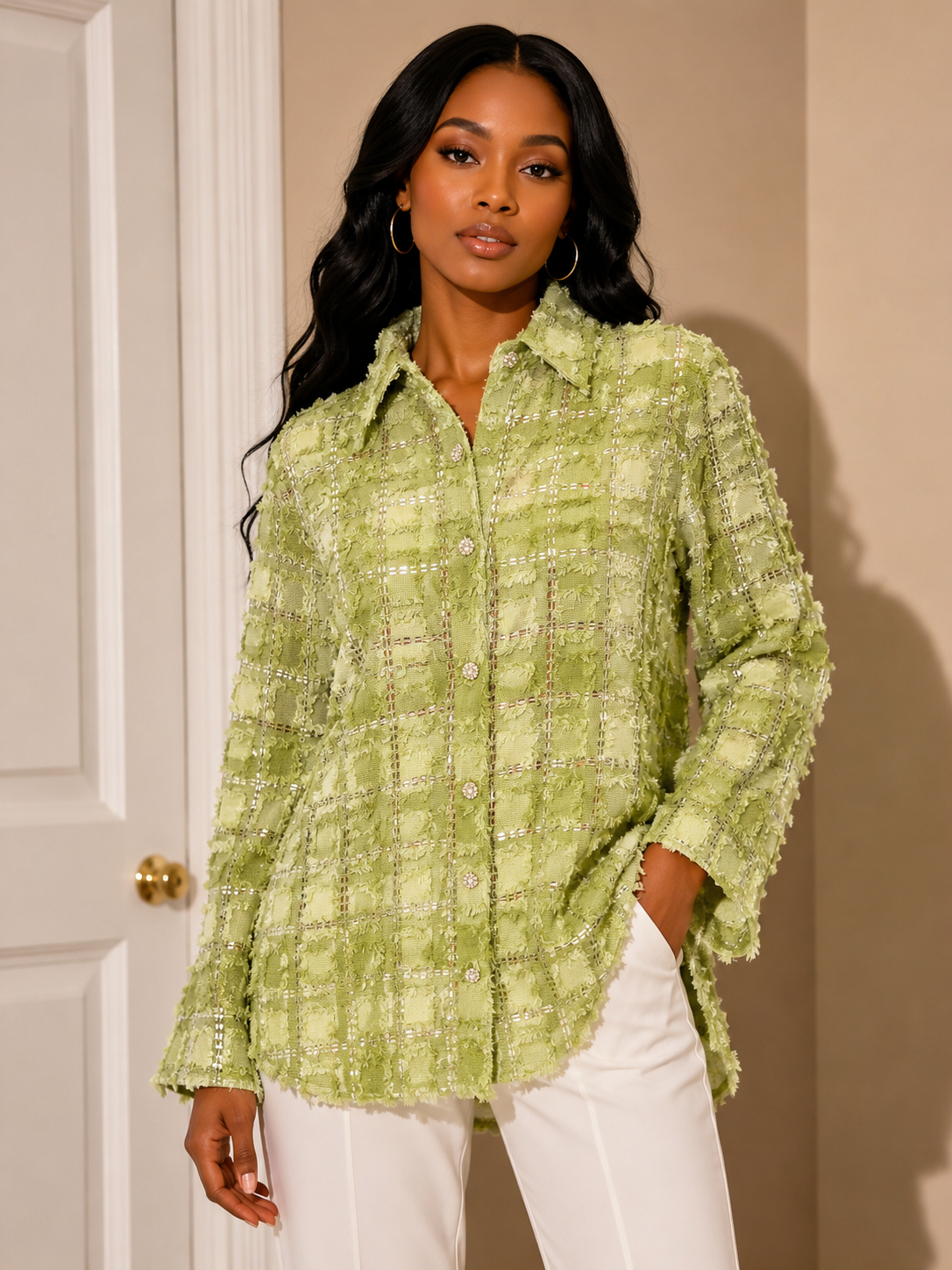 Sage Green Textured Plaid Button-Up Top