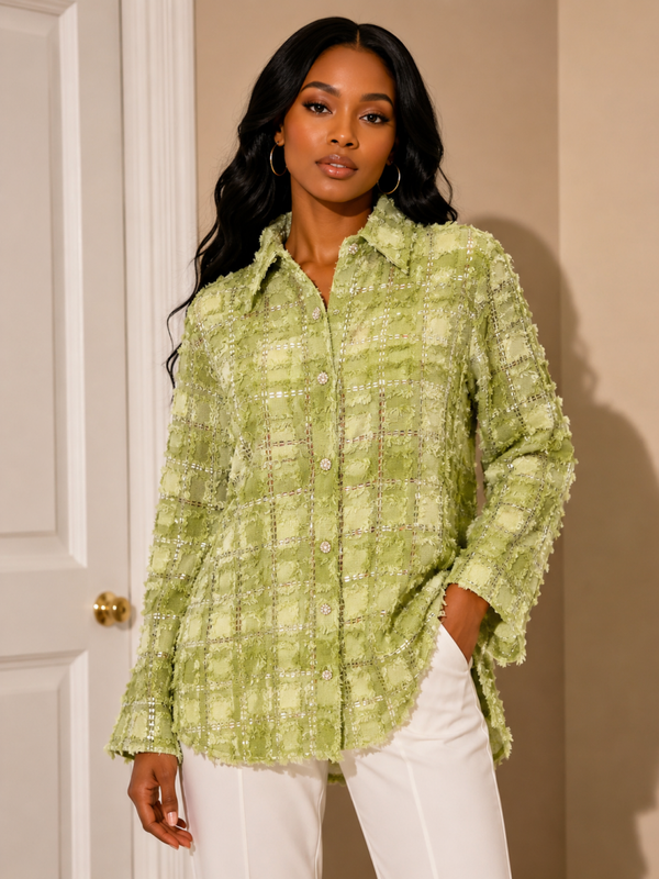 Sage Green Textured Plaid Button-Up Top