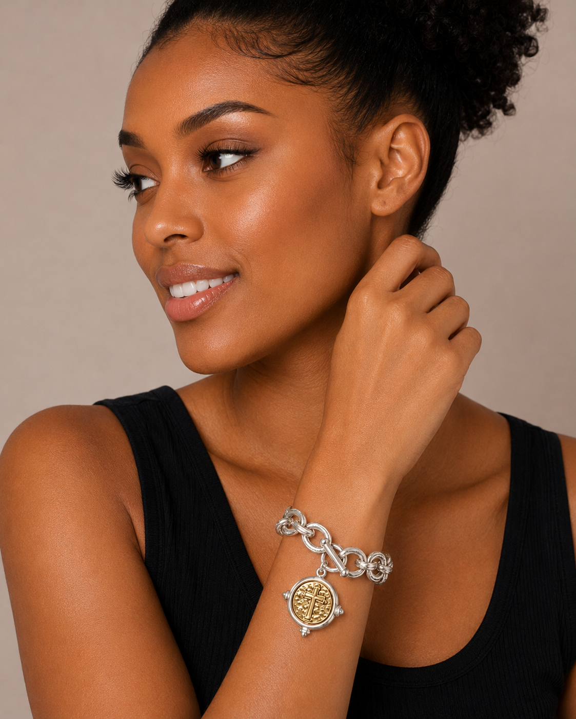 Two-Tone Cross Medallion Chain Bracelet