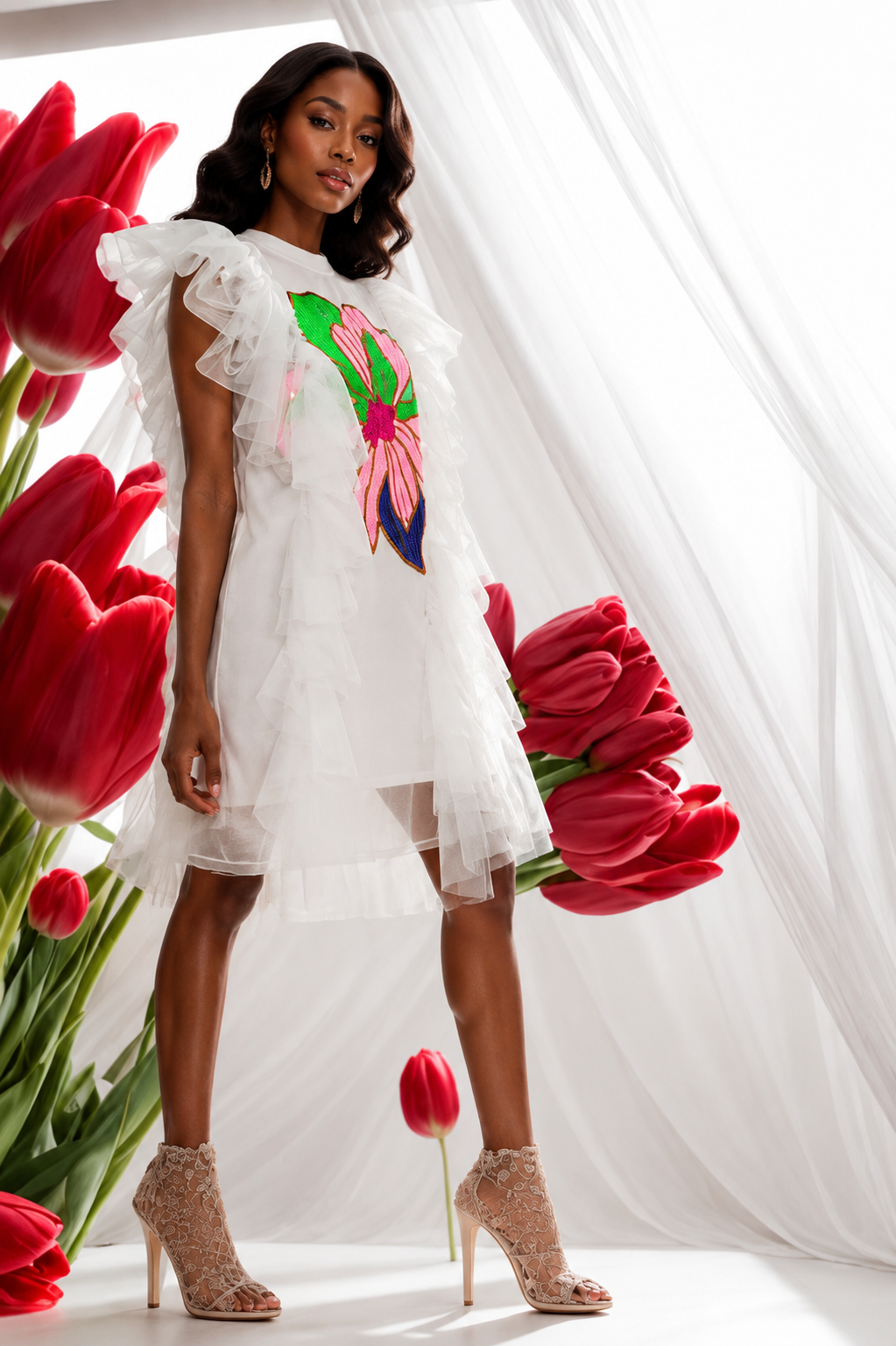 White Tulle Dress with Sequin Flower