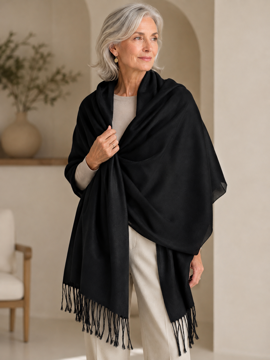 Black Fringe Pashmina Shawl Wrap