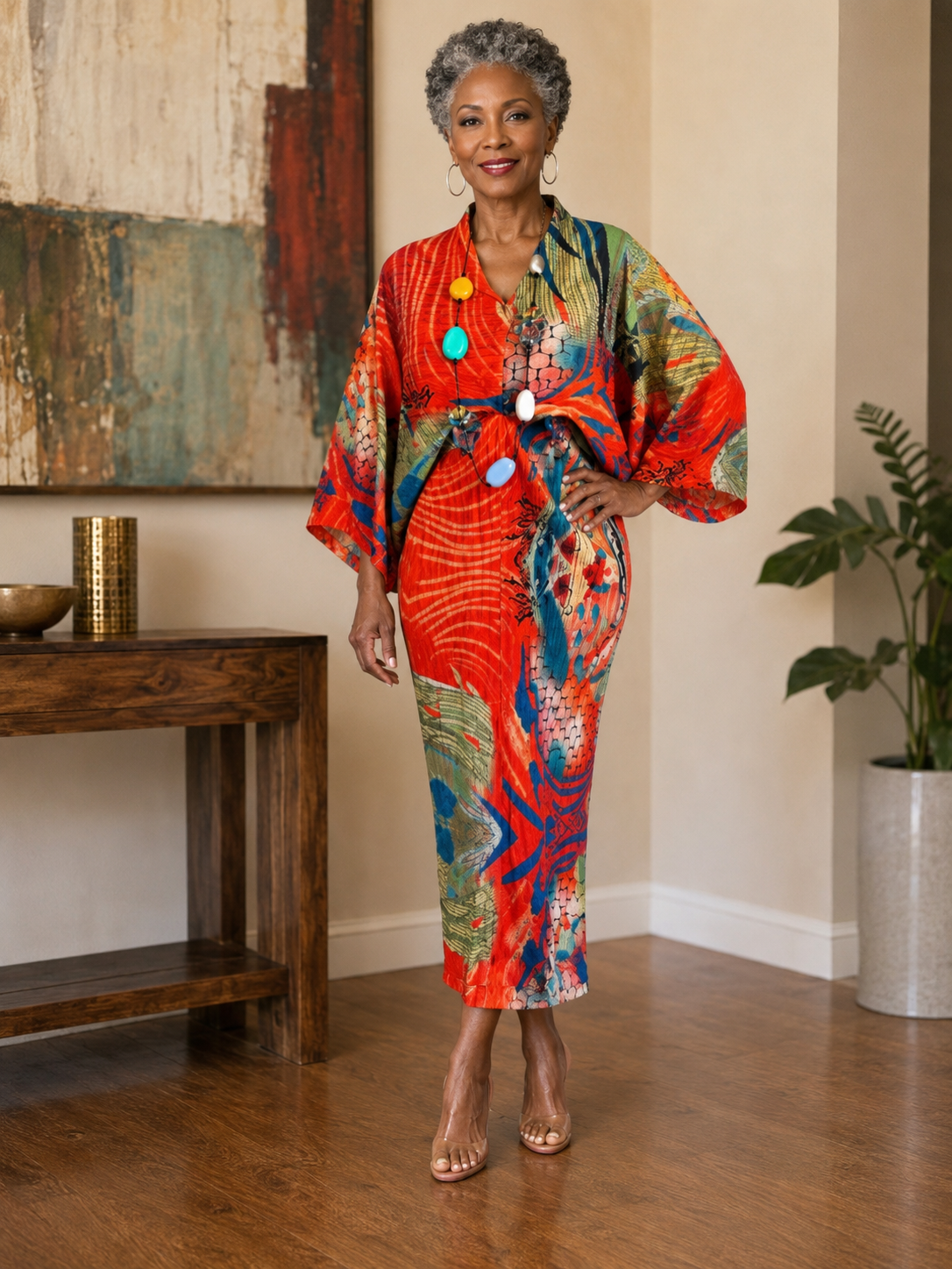 Abstract Elegance Pleated Kaftan Dress