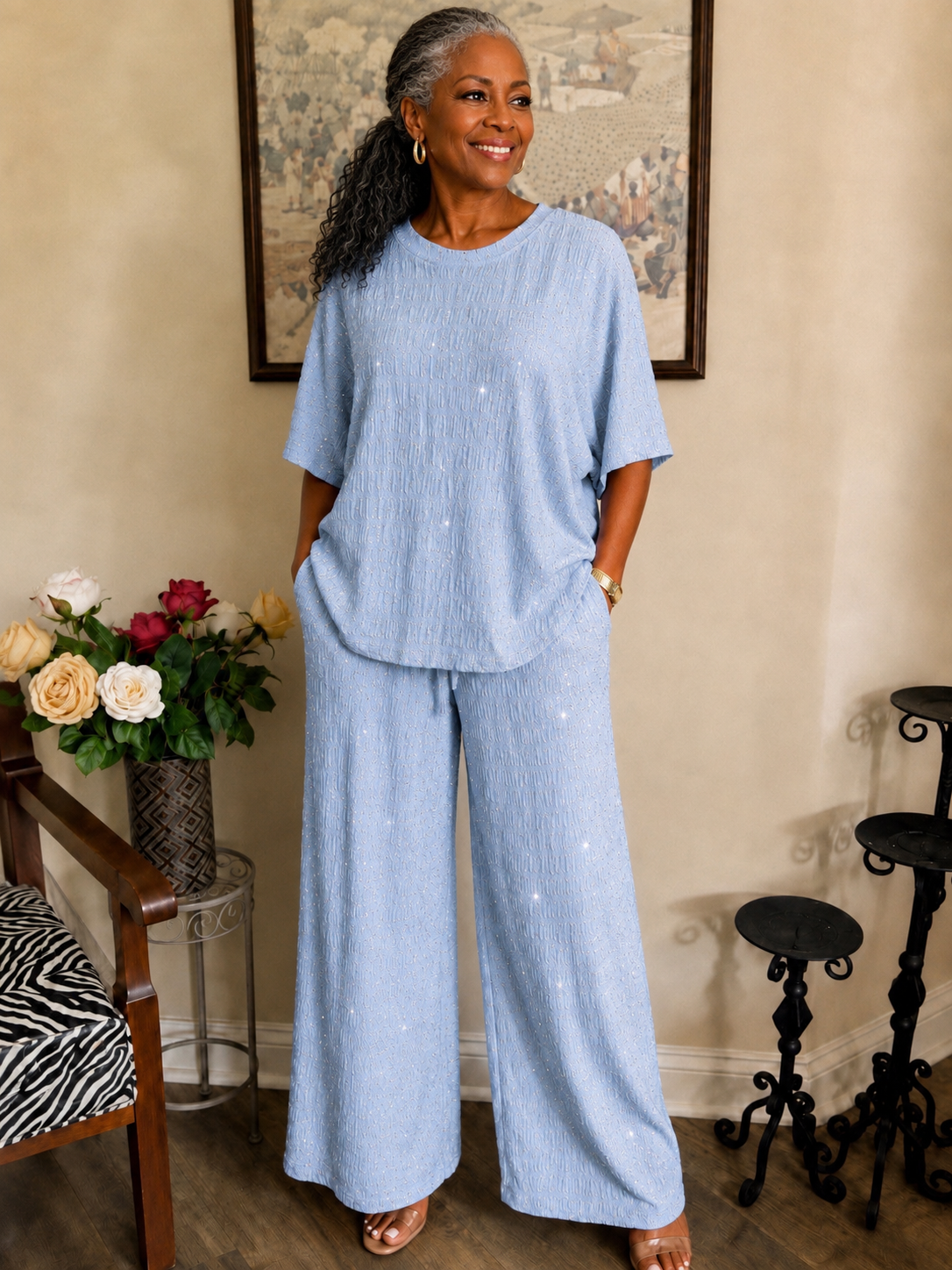 Light Blue Bling Textured Two-Piece Set