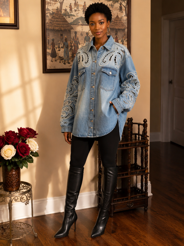 Jean Jacket Cutout With Pearls
