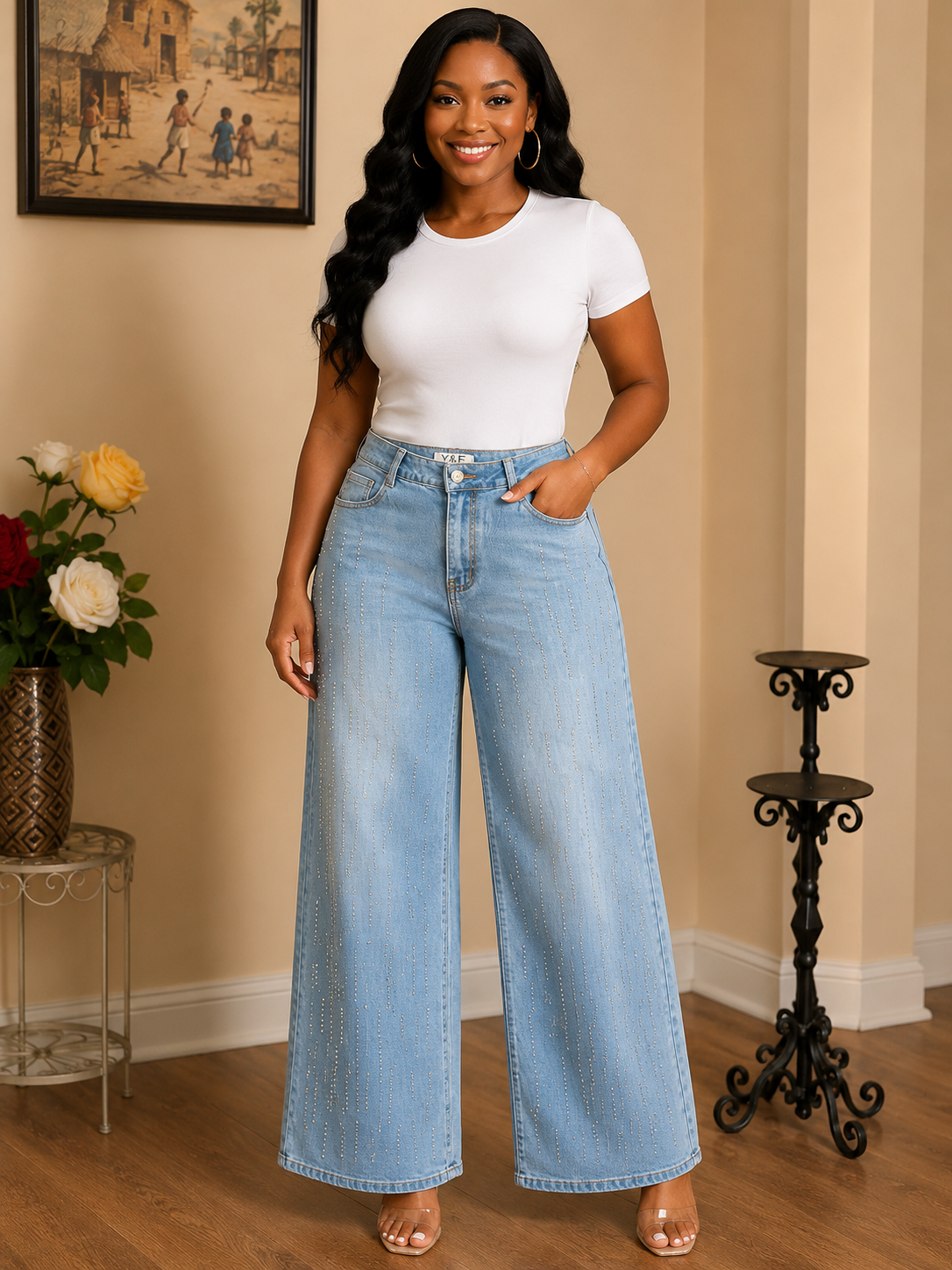 Light Wash Rhinestone Wide-Leg Jeans