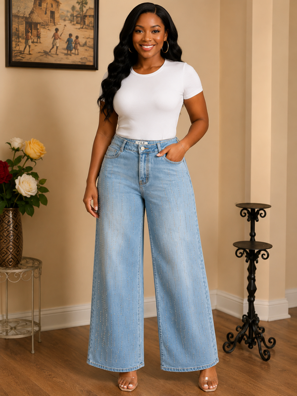 Light Wash Rhinestone Wide-Leg Jeans