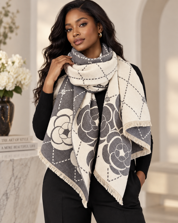 Elegant Floral Fringe Scarf - Gray