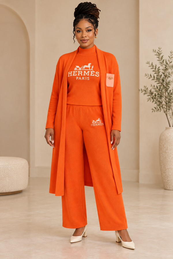 Orange Three-Piece Knit Pants Set