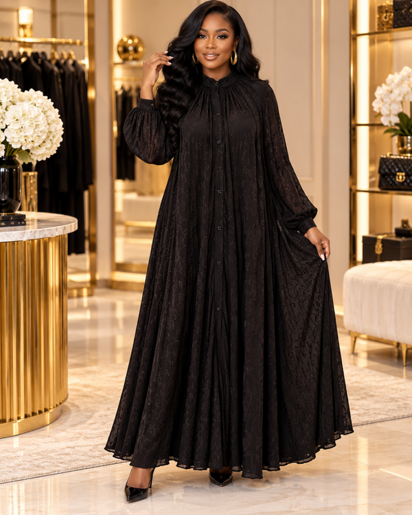 Elegant Black Textured Button-Front Maxi Dress