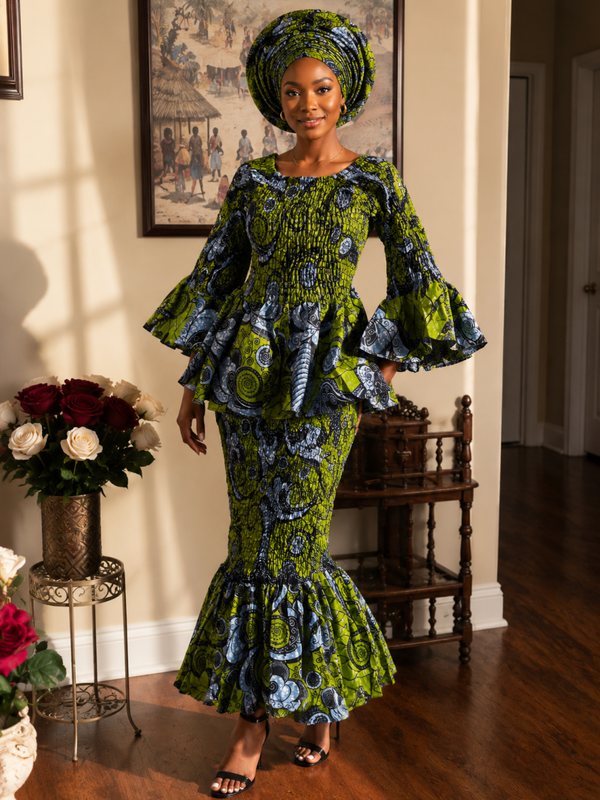 African Green 3 pieces Top Skirt and Head wrap
