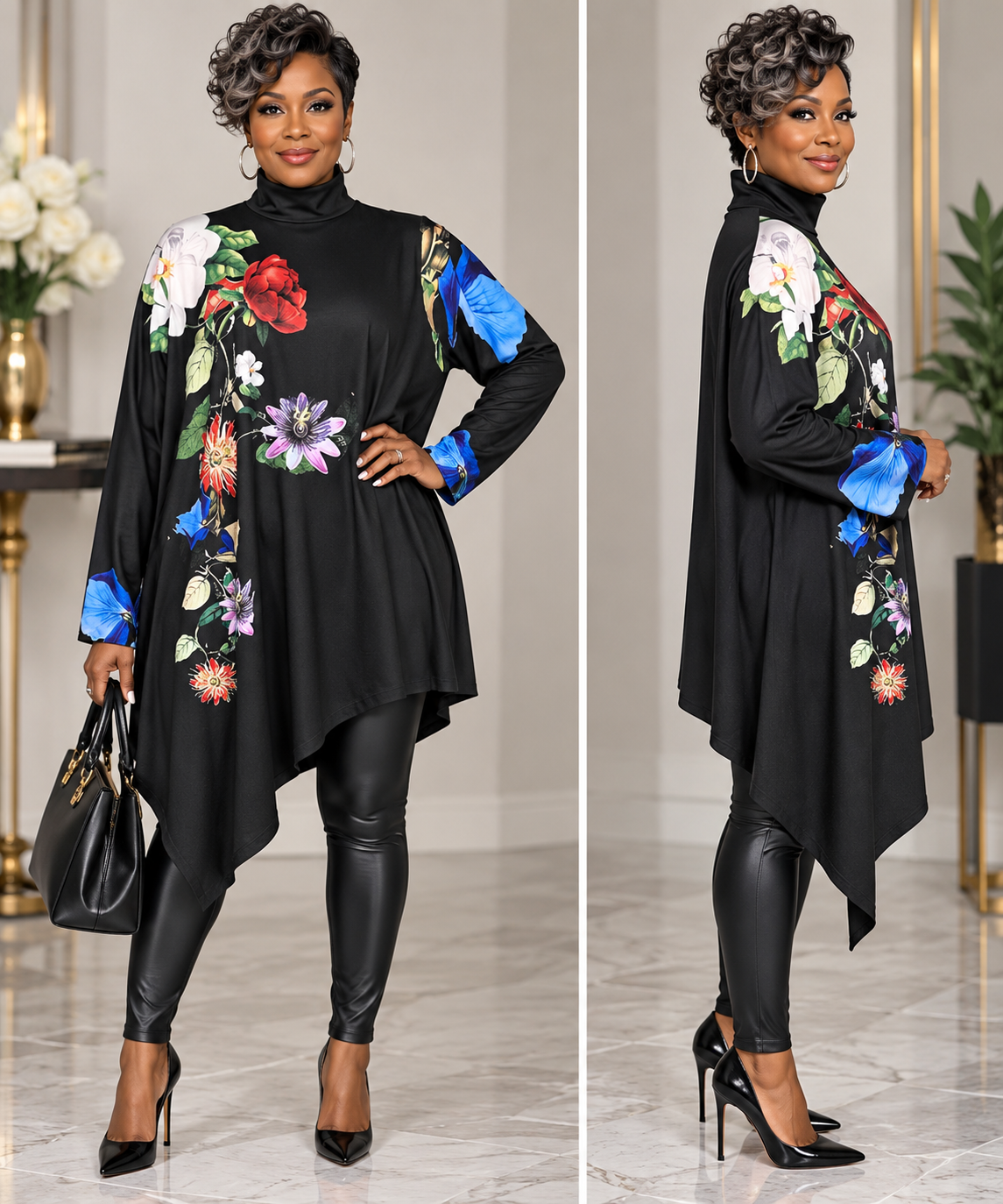 Black Floral Asymmetrical Turtleneck Too