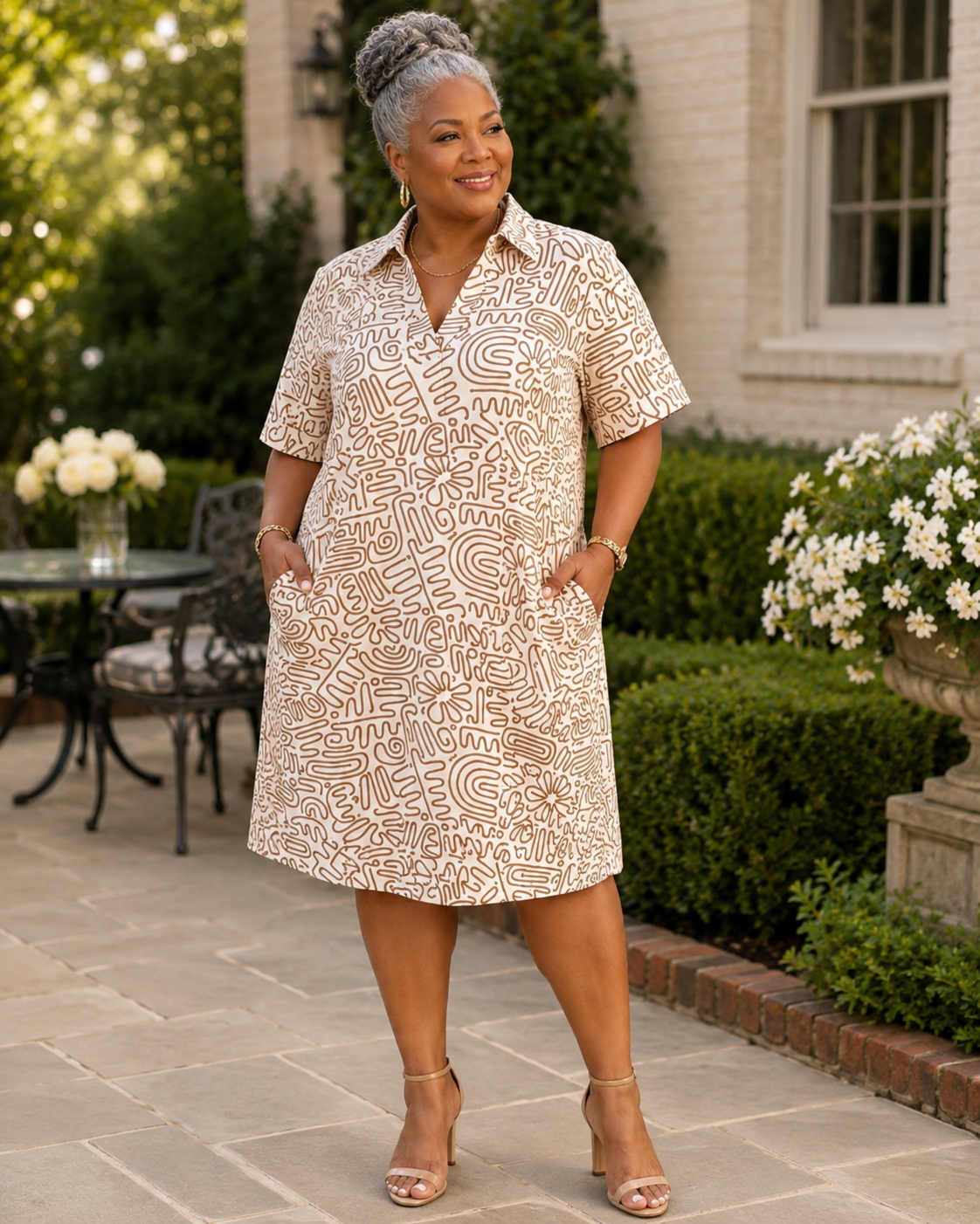 Ivory & Brown Abstract Print Shirt Dress Plus