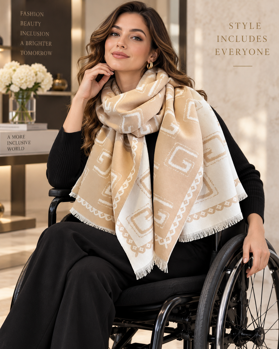 Elegant Beige & Ivory Geometric Scarf