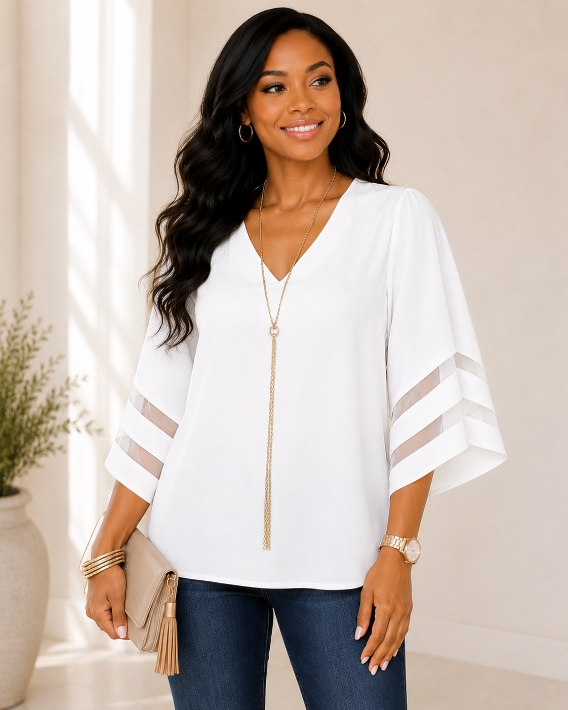 White V-Neck Flutter Sleeve Blouse