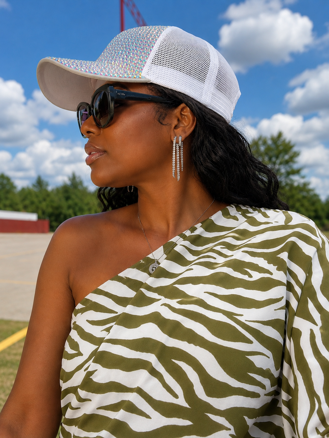 One Shoulder Animal Print Top Green