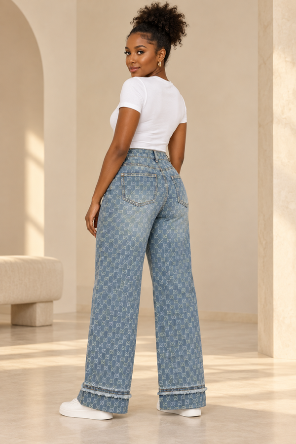 Light Blue Patterned Wide-Leg Jeans