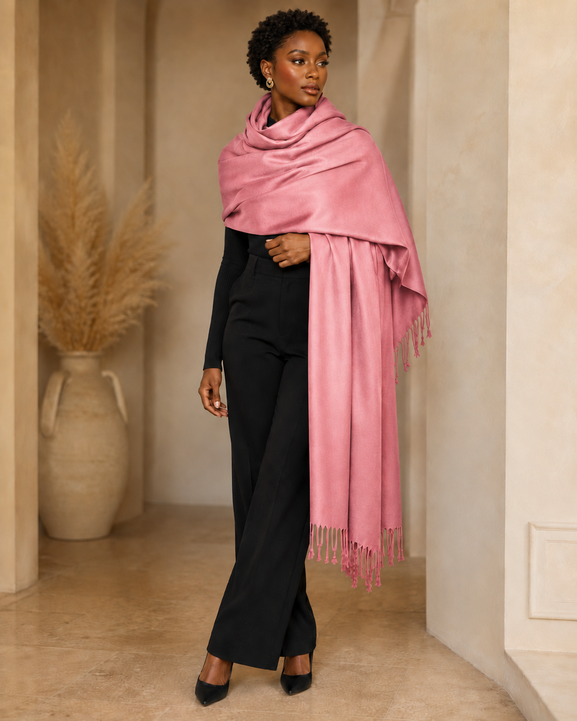 Pink Fringe Pashmina Fringe Shawl Wrap