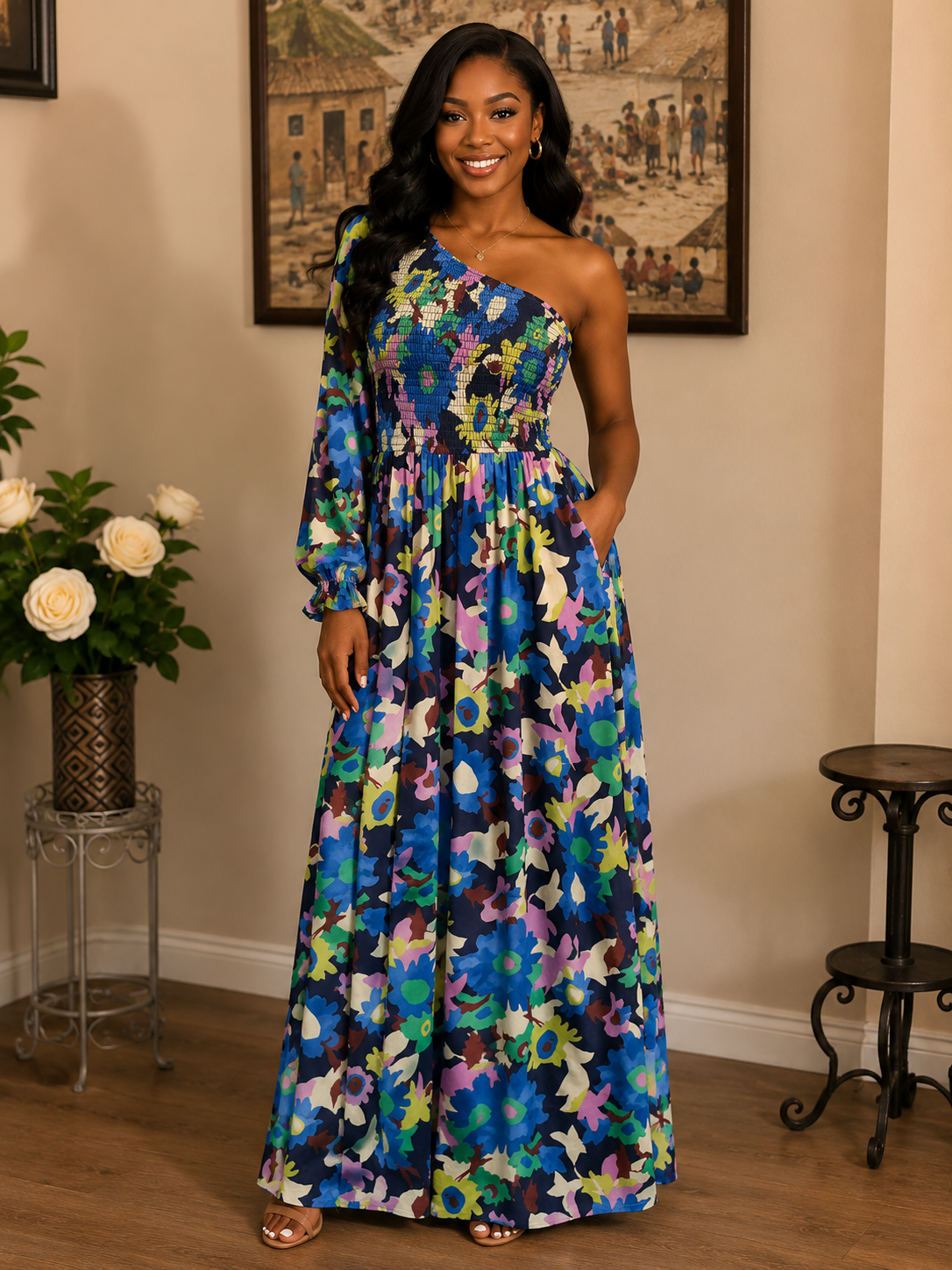 Blue Floral One Shoulder Maxi Dress