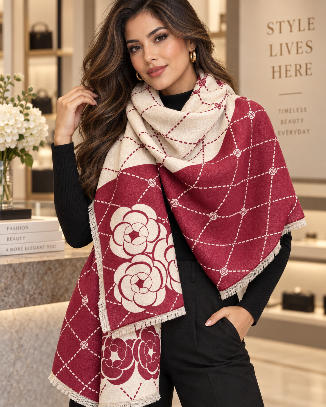 Elegant Burgundy & Ivory Floral Scarf