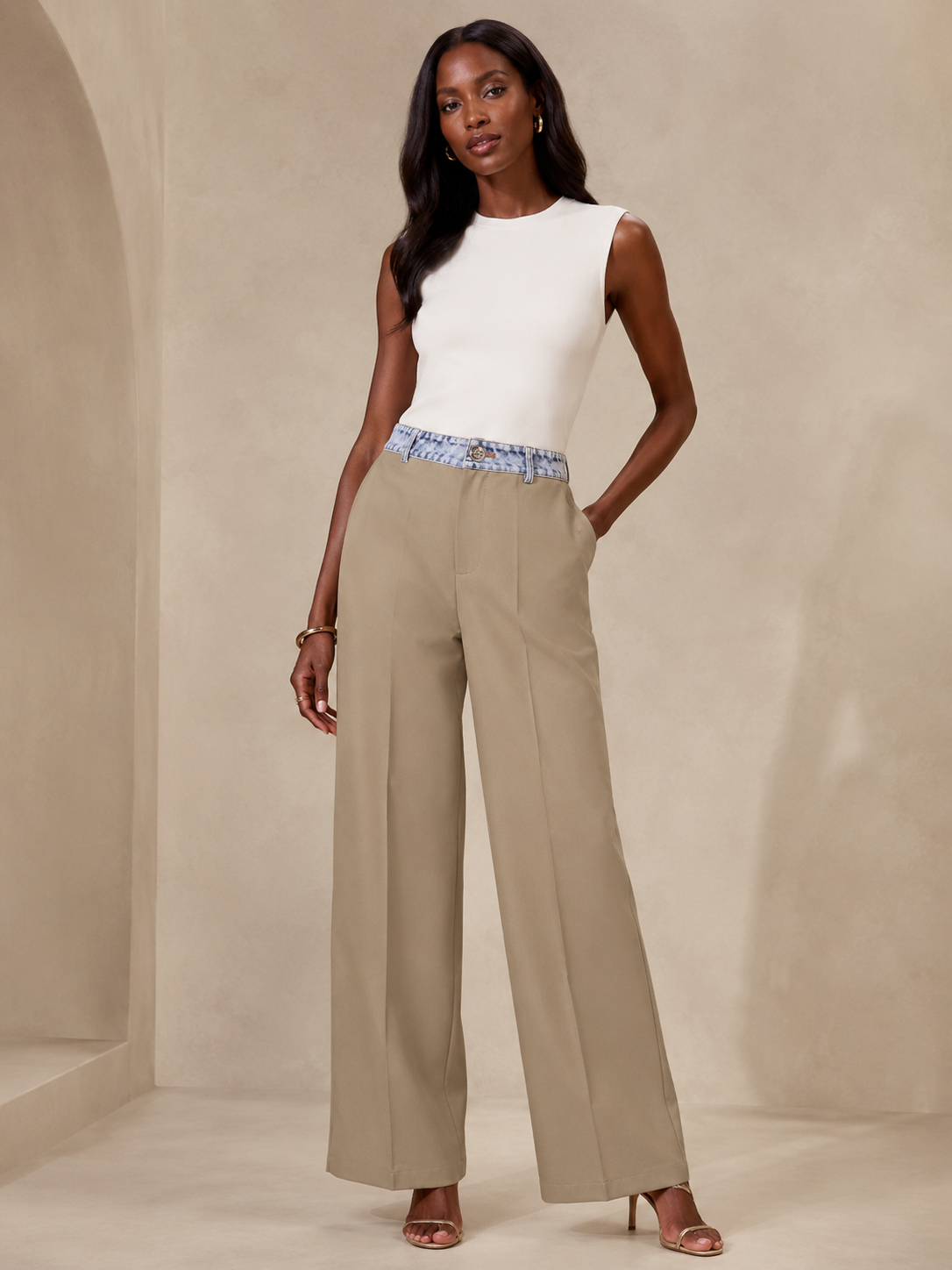 Denim Waist Wide-Leg Trousers
