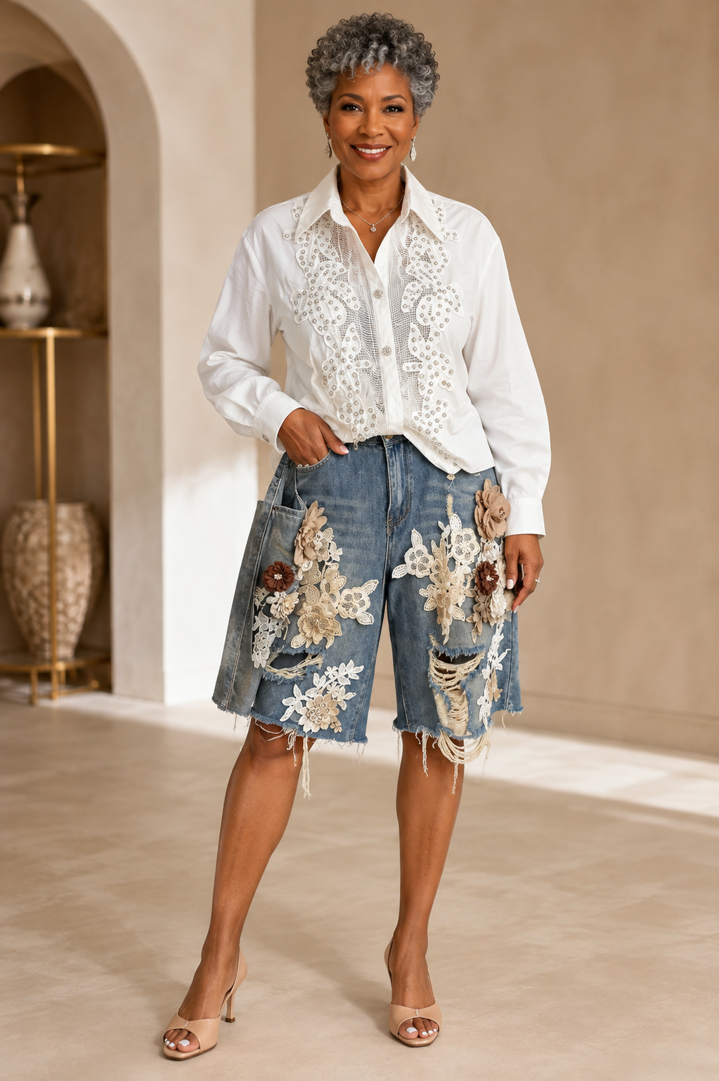 Floral Lace Appliqué Distressed Denim Shorts
