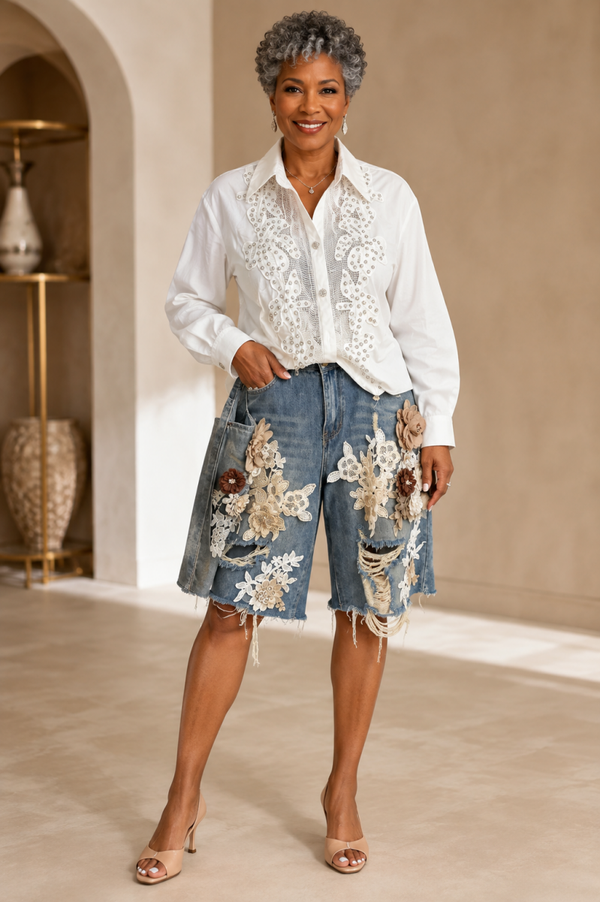 Floral Lace Appliqué Distressed Denim Shorts