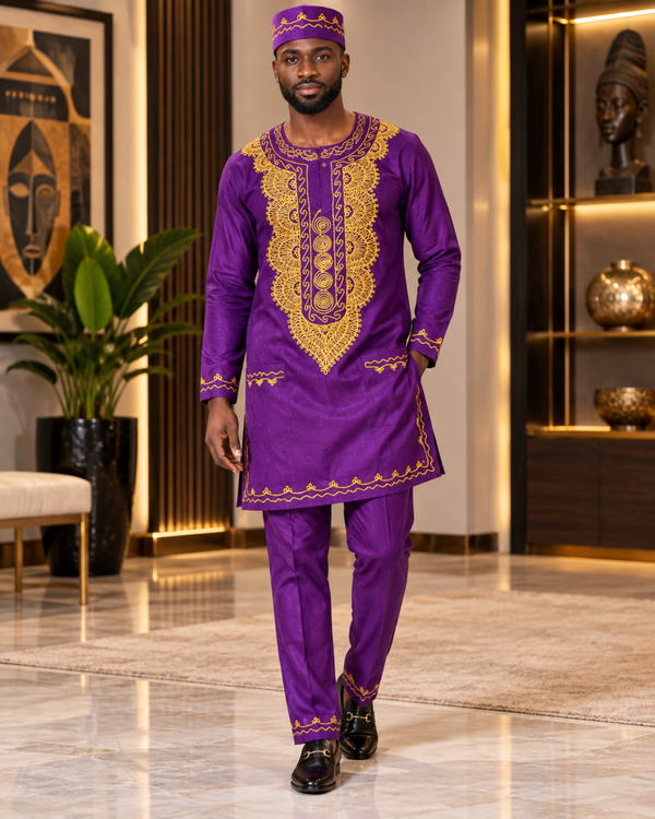 African Set Dashiki, Pants and Kufi Purple & Gold