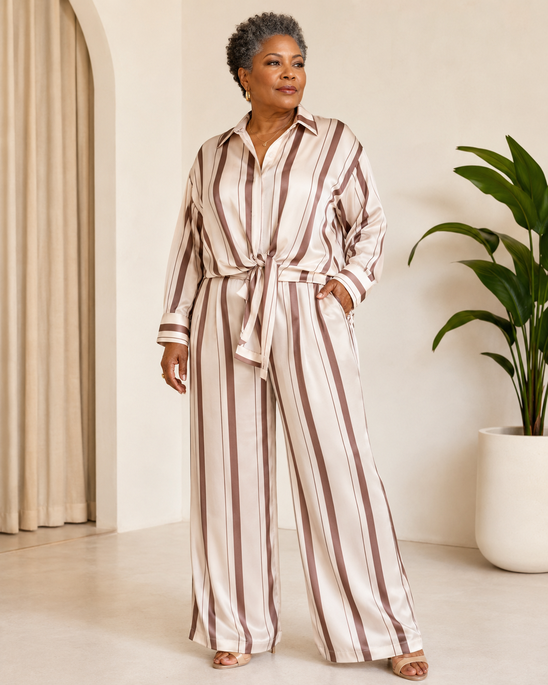 2 piece Brown and White Stripe Pants Set