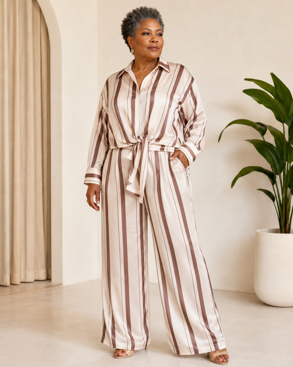 2 piece Brown and White Stripe Pants Set