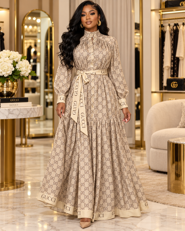 Luxury Beige Monogram Belted Maxi Dress