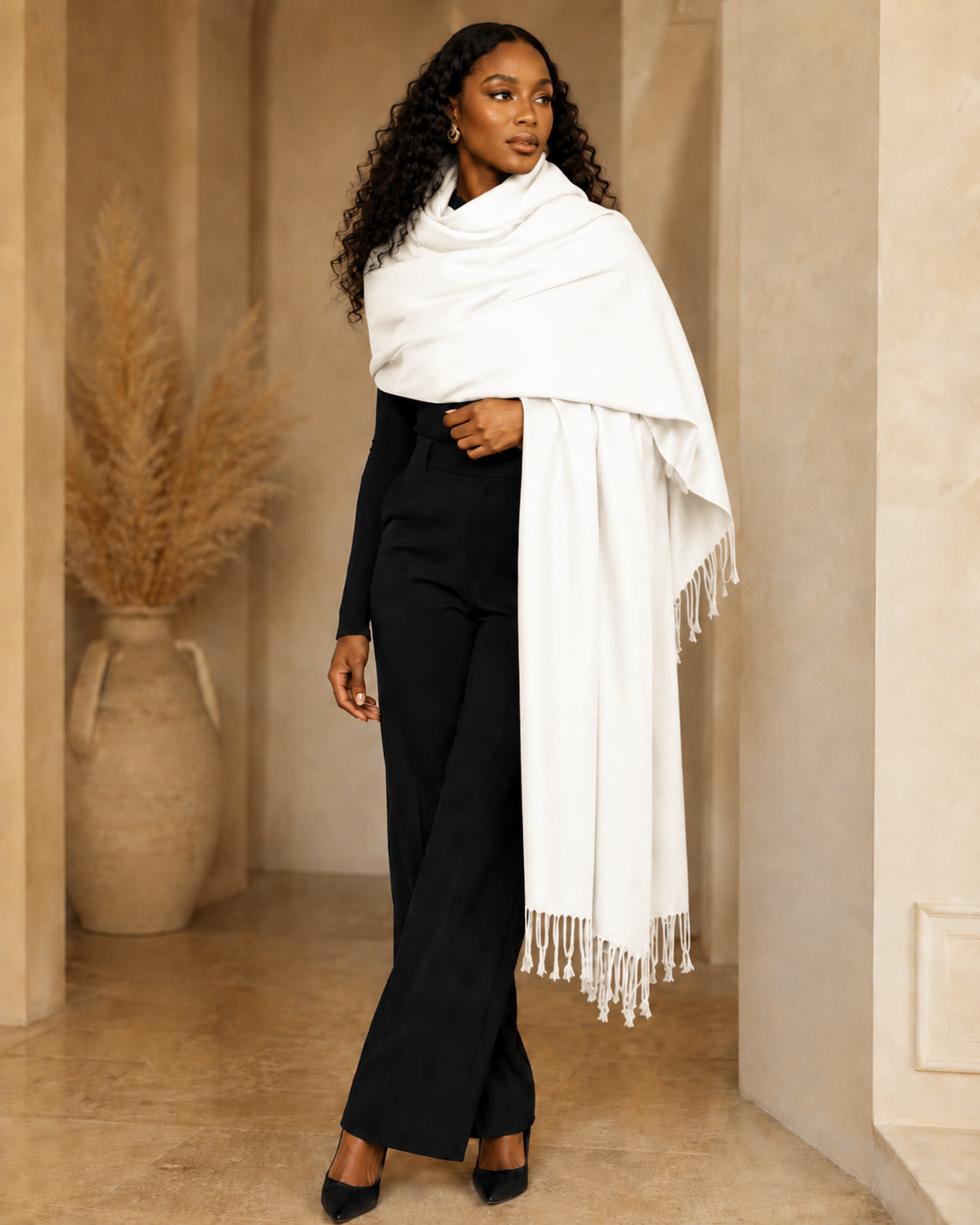 White Fringe Pashmina Shawl Wrap