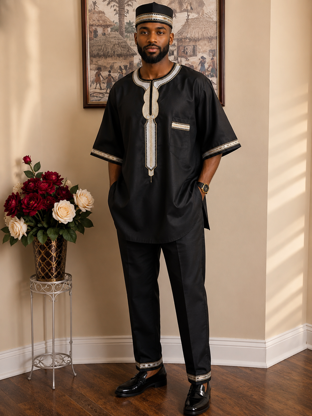 Black and White Embordiery African Dashiki Pants & Kufi - #829