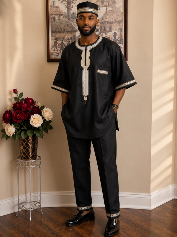 Black and White Embordiery African Dashiki Pants & Kufi - #829