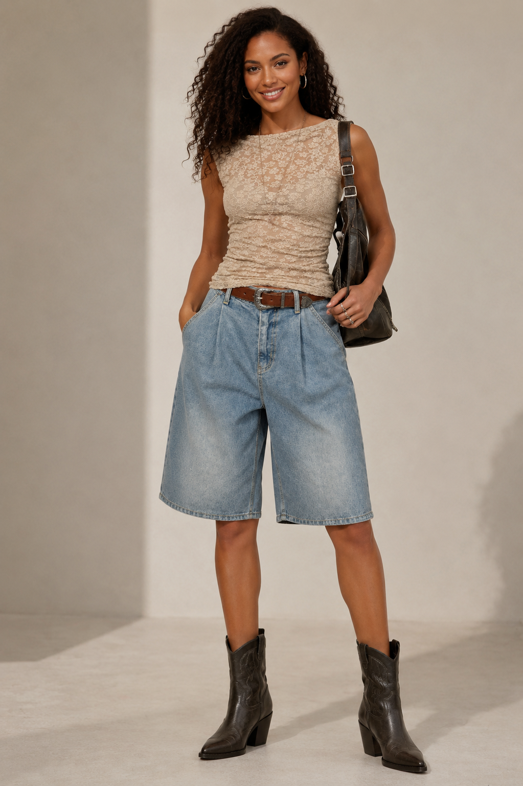 Relaxed Wide-Leg Pleated Denim Bermuda Shorts