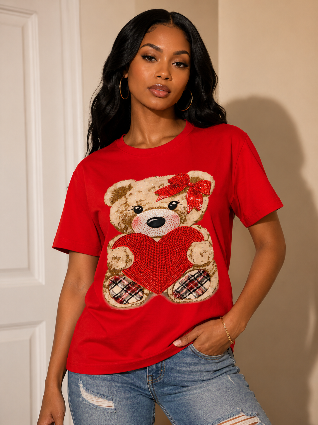 Red Teddy Bear Heart Graphic T-Shirt
