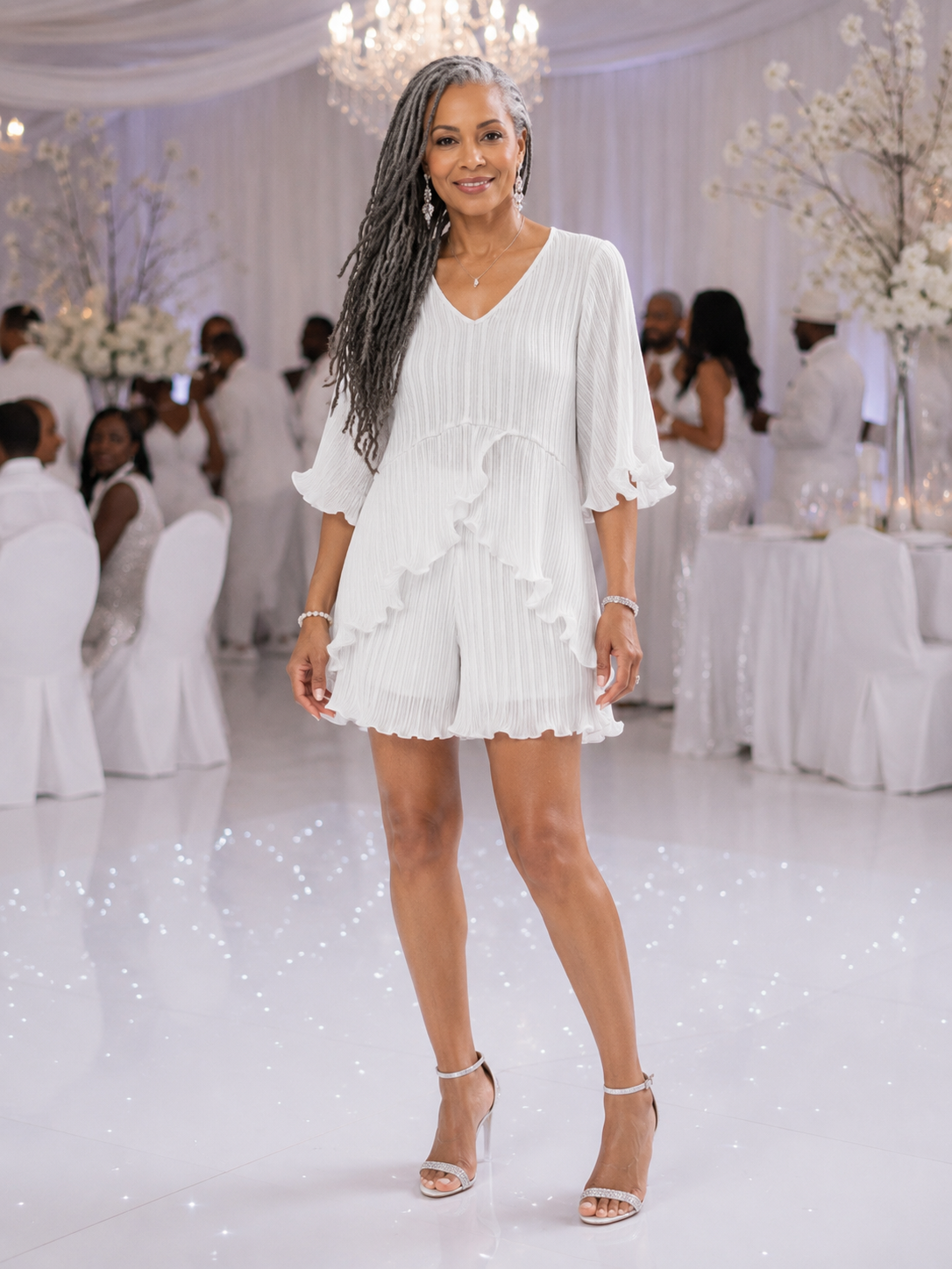 2 piece Crinkled White Top and Shorts Set