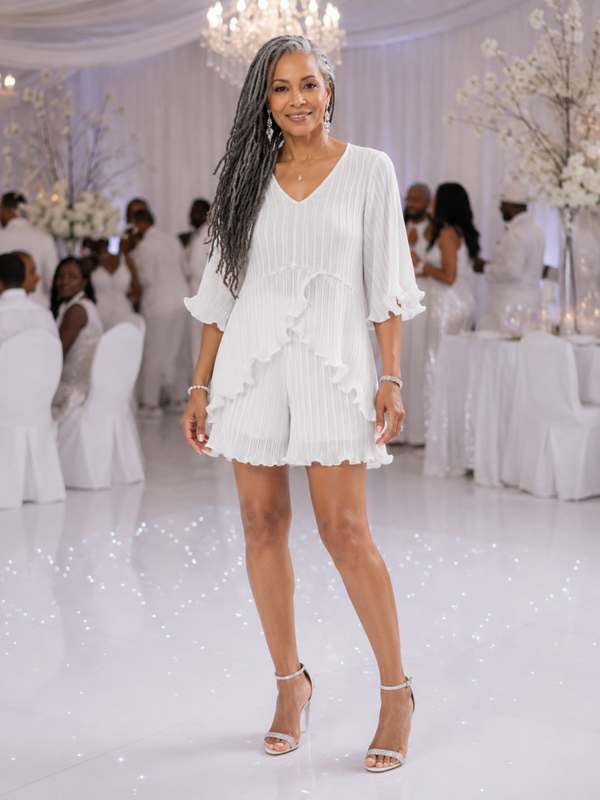 2 piece Crinkled White Top and Shorts Set