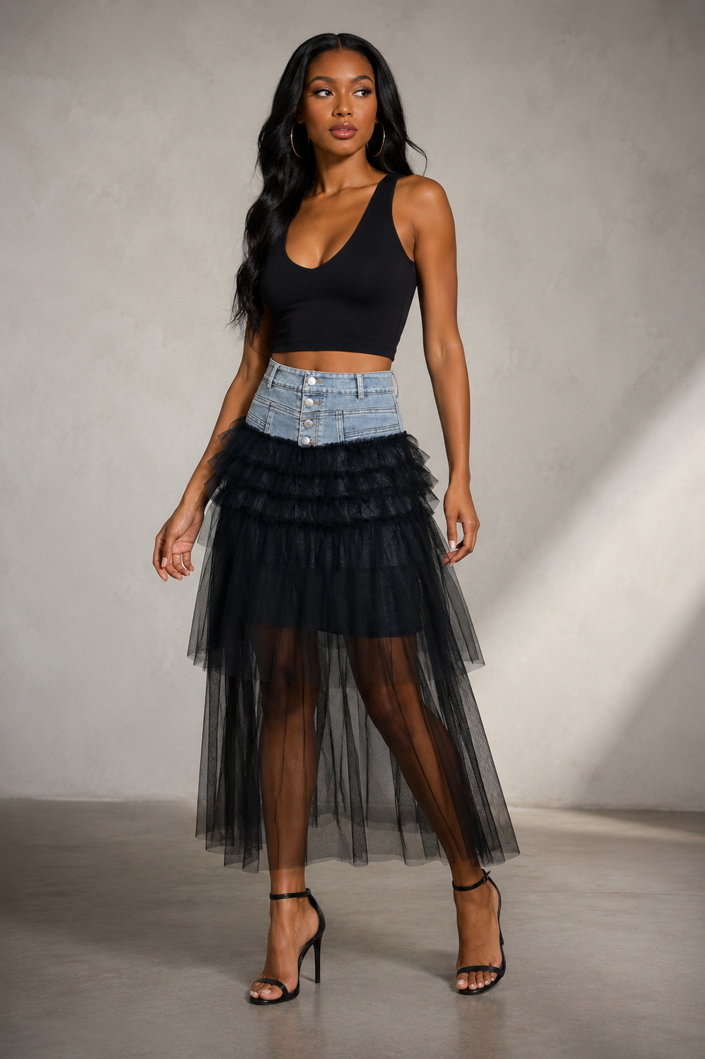 Black Tulle Denim Skirt