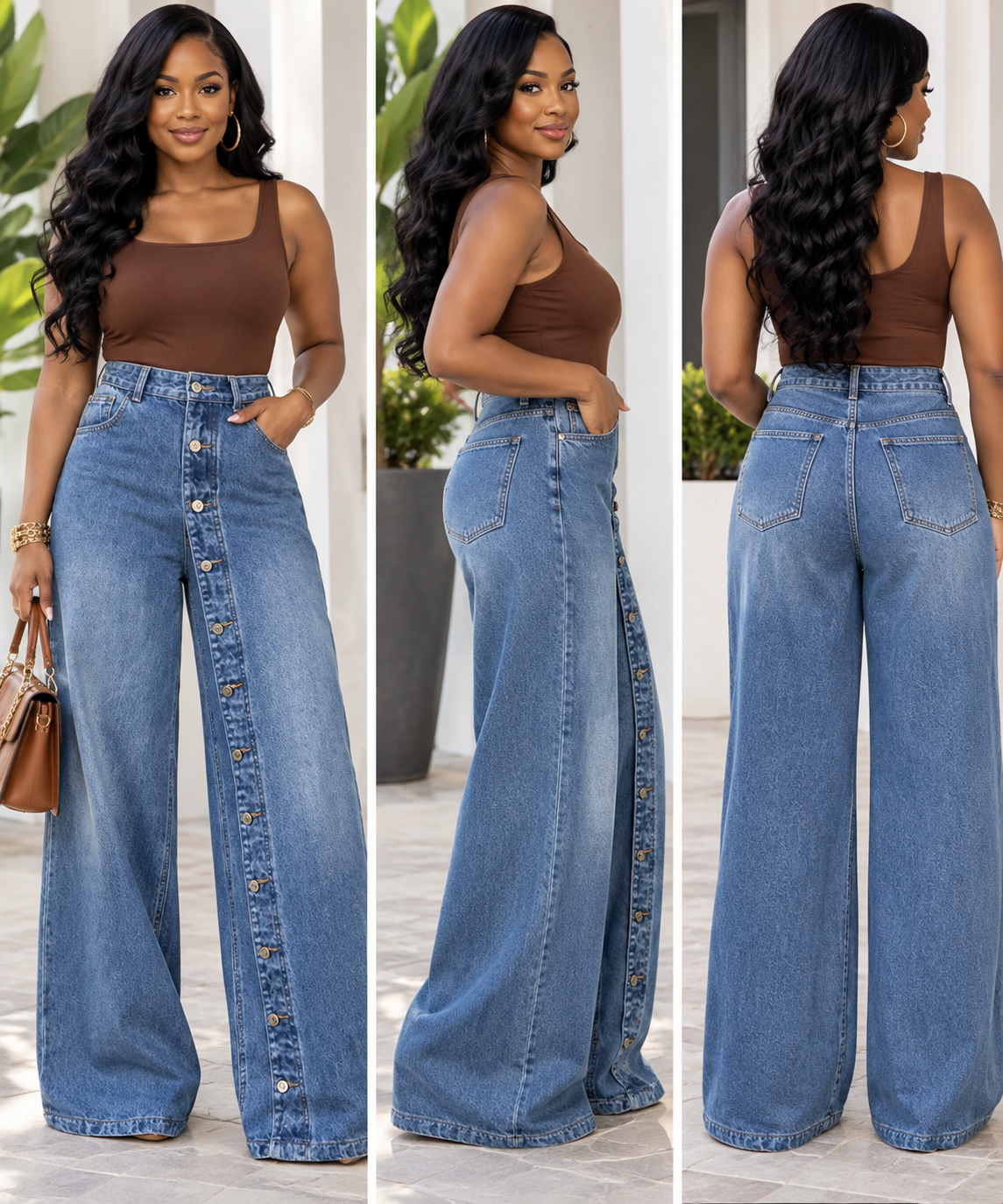 High-Waisted Button-Front Wide-Leg Jeans