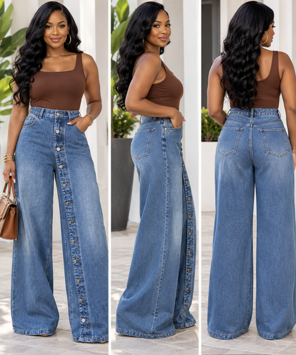 High-Waisted Button-Front Wide-Leg Jeans