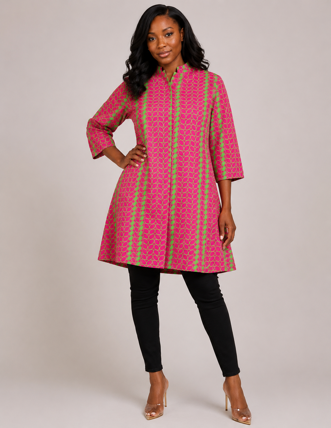 Pink and Green Shirt Dress with Headwrap